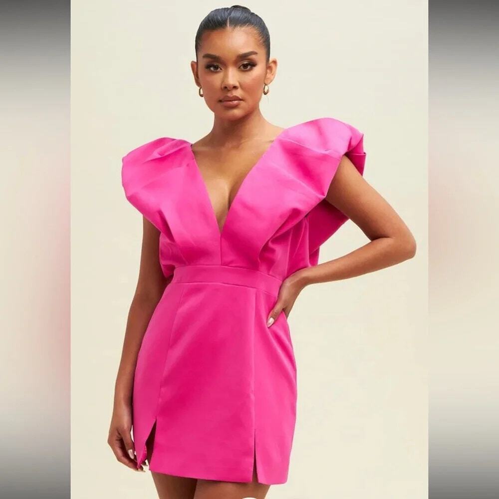 Luxxel Ruffle Trim Puff Sleeve V-Neck Mini Dress Fuchsia Pink Women's Large NWT